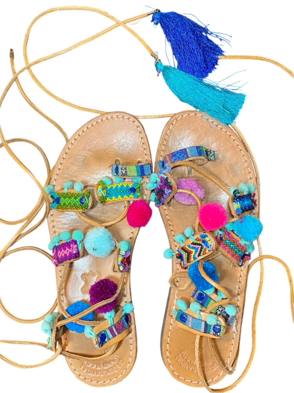Greek Artisan Leather Gladiator Lace Up Boho Festival Pom Pom Sandals Size US 8